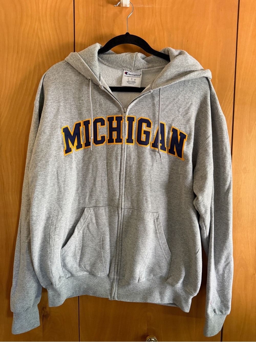 Champion Grey Hoodie with Navy and Red Logo